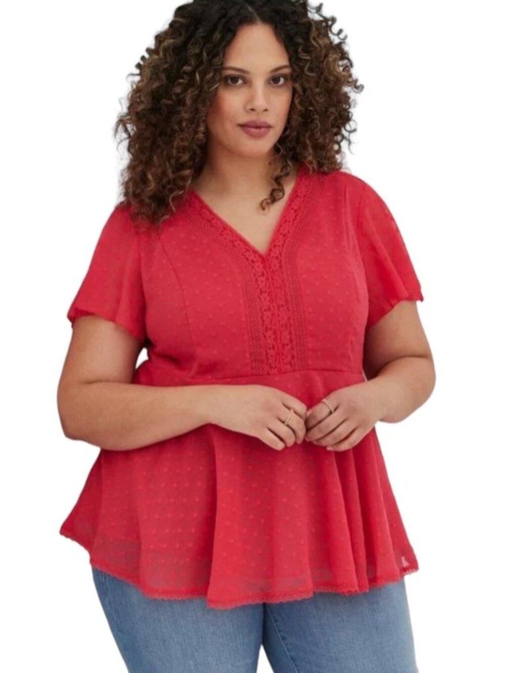 Torrid Short Sleeve Swiss Dot Peplum Blouse Coral Red Babydoll Top